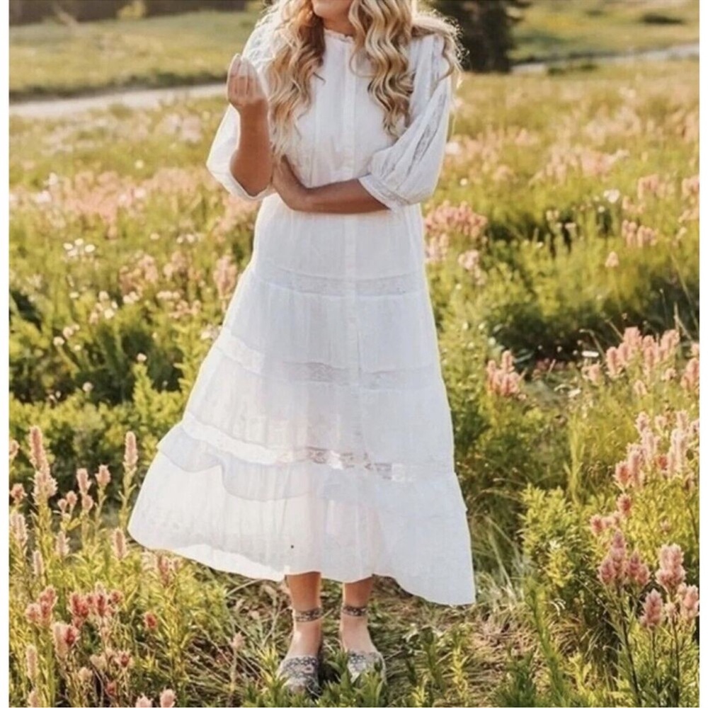 LoveShackFancy X Target Phoebe Button Up White Eyelet Lace Midi Dress - Picture 2 of 12